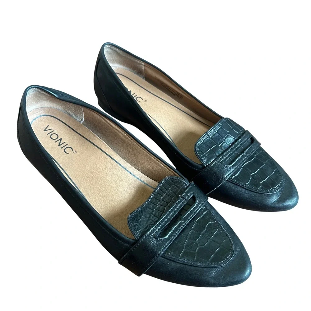 Vionic Savannah Loafers Women Black Leather Croc Penny Flat 9.5